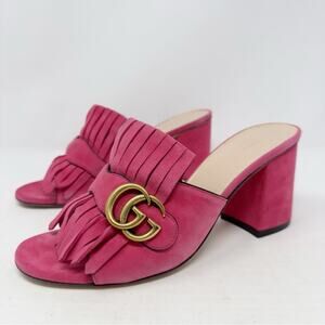 Gucci Pink Suede Fringe GG Marmont Mule Sandals Block Heel Size 38.5